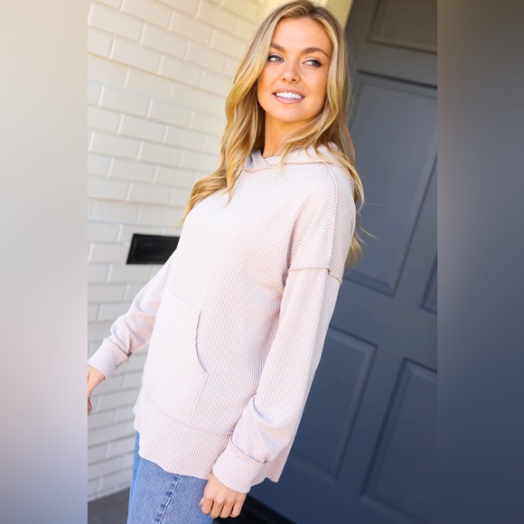 Reg. & Plus Size Casual Ivory Mineral Washed Ribbed Knit Lightweight Hoodie - Picture 7 of 14